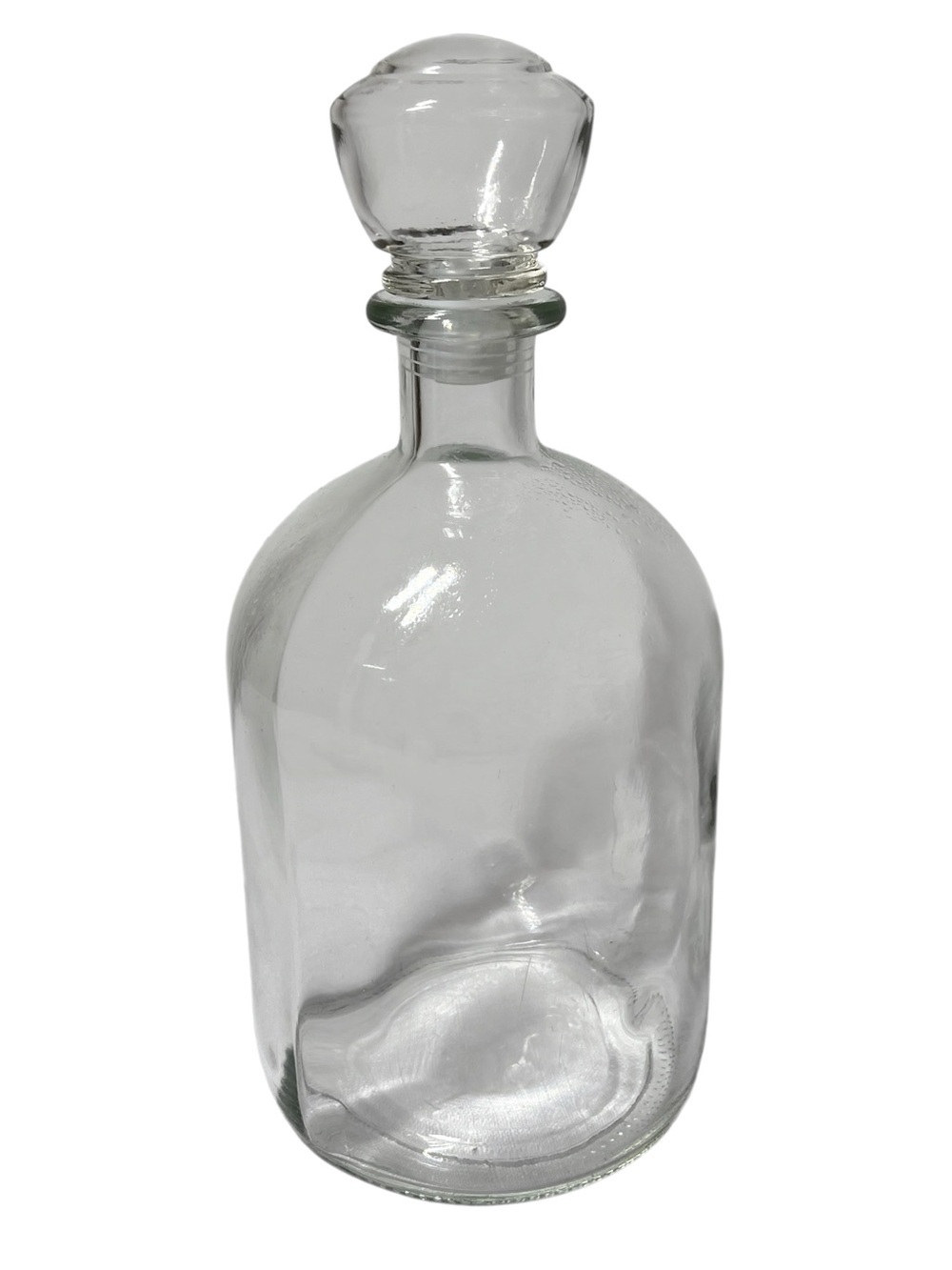 Clear glass bottle 
Rounded Boston body 
Distinctive glass ball stopper